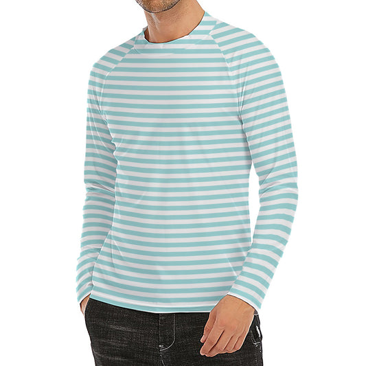 White And Cyan Striped Pattern Print Men's Long Sleeve Rash Guard