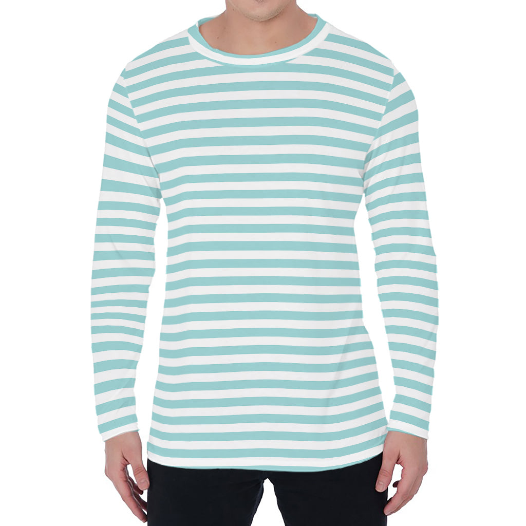 White And Cyan Striped Pattern Print Men's Long Sleeve T-Shirt