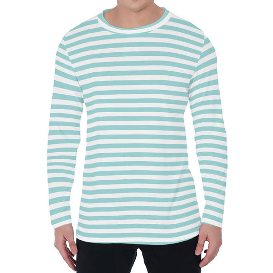 White And Cyan Striped Pattern Print Men's Long Sleeve T-Shirt
