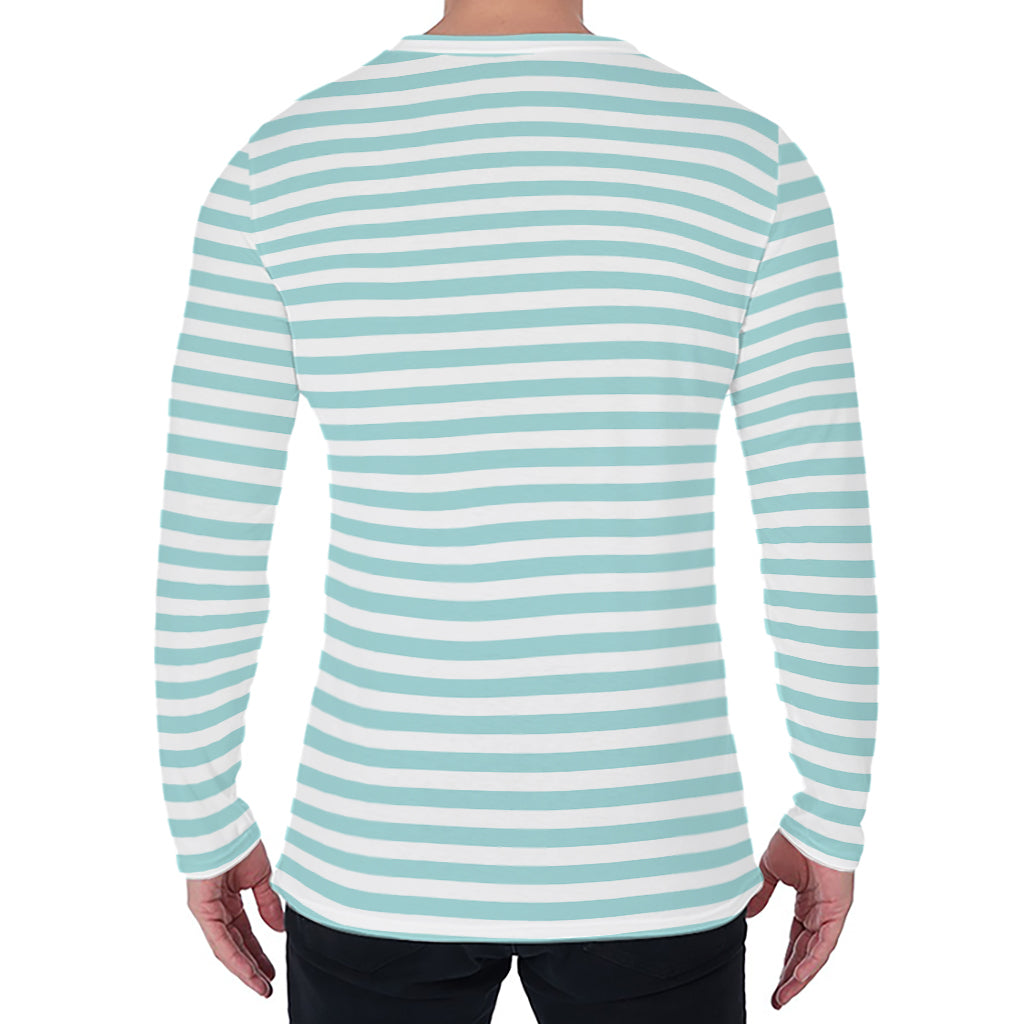 White And Cyan Striped Pattern Print Men's Long Sleeve T-Shirt