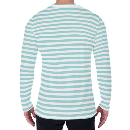 White And Cyan Striped Pattern Print Men's Long Sleeve T-Shirt
