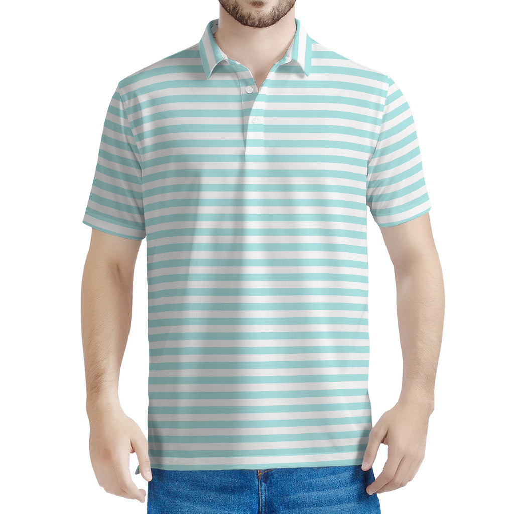 White And Cyan Striped Pattern Print Men's Polo Shirt