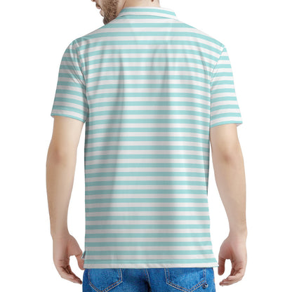 White And Cyan Striped Pattern Print Men's Polo Shirt