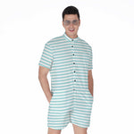 White And Cyan Striped Pattern Print Men's Rompers