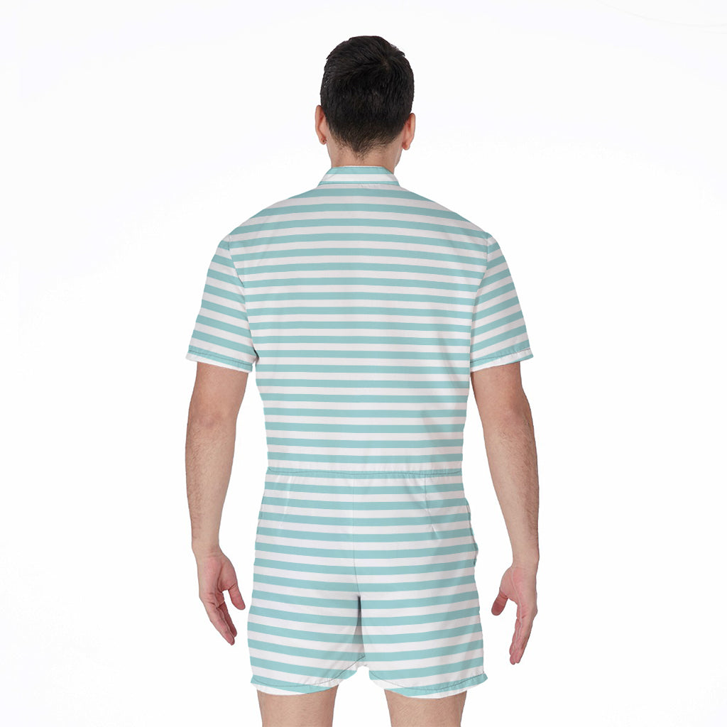 White And Cyan Striped Pattern Print Men's Rompers