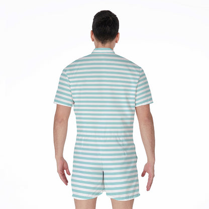 White And Cyan Striped Pattern Print Men's Rompers