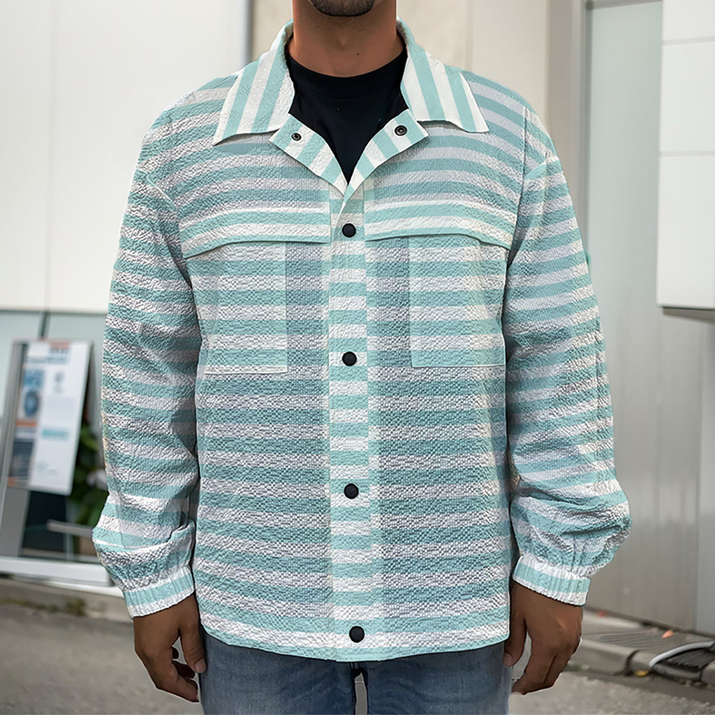 White And Cyan Striped Pattern Print Men's Shirt Jacket