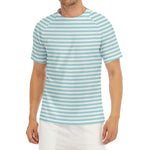 White And Cyan Striped Pattern Print Men's Short Sleeve Rash Guard