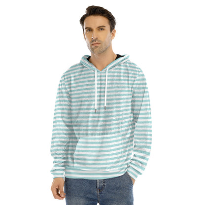 White And Cyan Striped Pattern Print Men's Velvet Pullover Hoodie