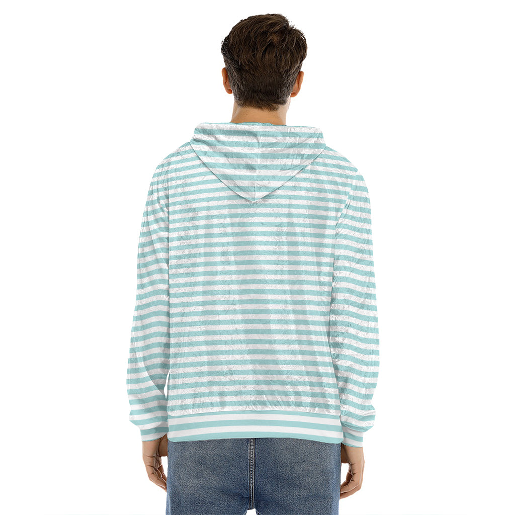 White And Cyan Striped Pattern Print Men's Velvet Pullover Hoodie