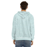 White And Cyan Striped Pattern Print Men's Velvet Pullover Hoodie
