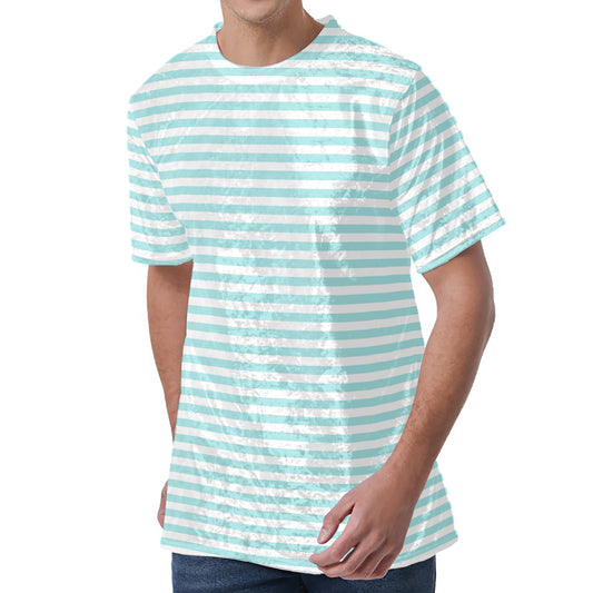 White And Cyan Striped Pattern Print Men's Velvet T-Shirt