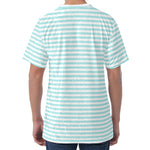 White And Cyan Striped Pattern Print Men's Velvet T-Shirt