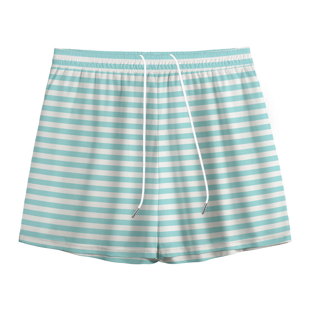 White And Cyan Striped Pattern Print Mesh Shorts