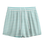 White And Cyan Striped Pattern Print Mesh Shorts