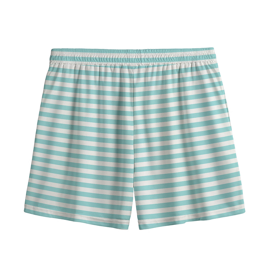 White And Cyan Striped Pattern Print Mesh Shorts