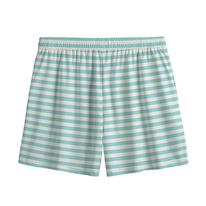 White And Cyan Striped Pattern Print Mesh Shorts