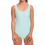 White And Cyan Striped Pattern Print One Piece Swimsuit