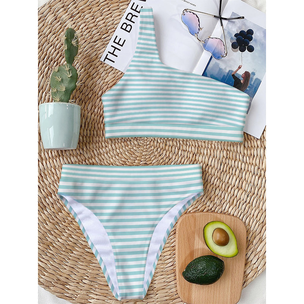White And Cyan Striped Pattern Print One Shoulder Bikini Top