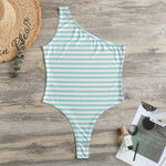 White And Cyan Striped Pattern Print One Shoulder Bodysuit