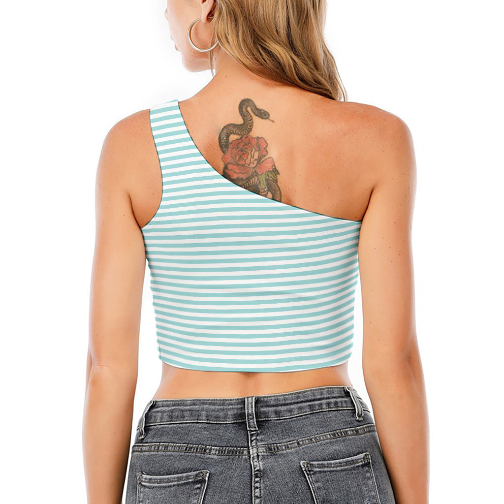 White And Cyan Striped Pattern Print One Shoulder Crop Top