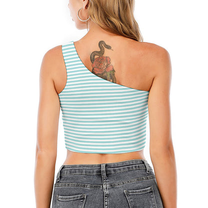 White And Cyan Striped Pattern Print One Shoulder Crop Top
