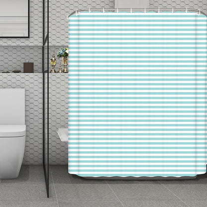 White And Cyan Striped Pattern Print Polyester Shower Curtain