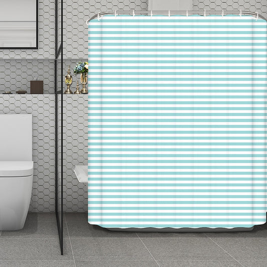 White And Cyan Striped Pattern Print Polyester Shower Curtain
