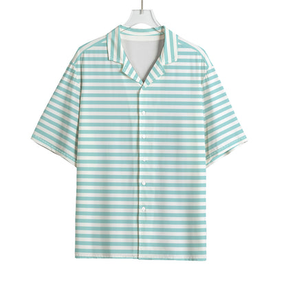 White And Cyan Striped Pattern Print Rayon Hawaiian Shirt