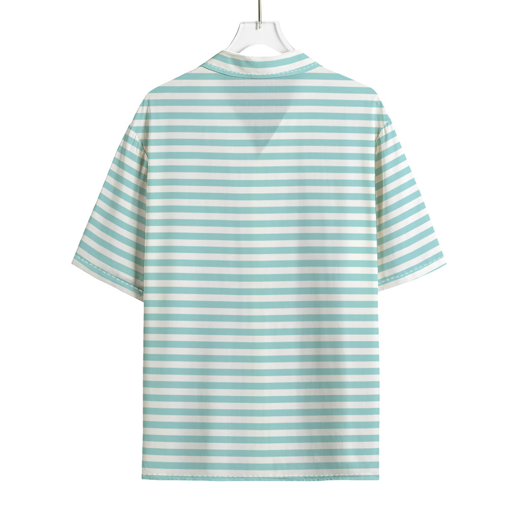White And Cyan Striped Pattern Print Rayon Hawaiian Shirt