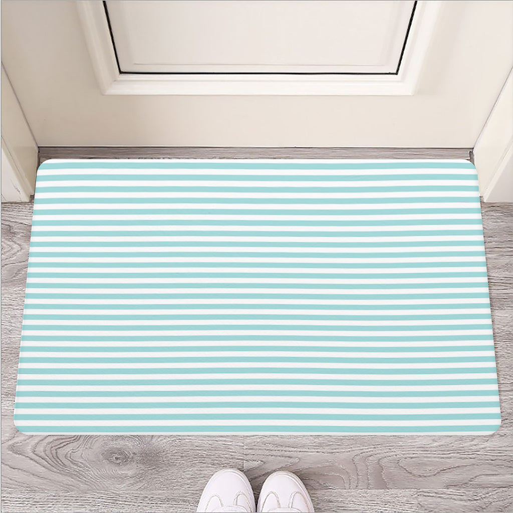 White And Cyan Striped Pattern Print Rubber Doormat