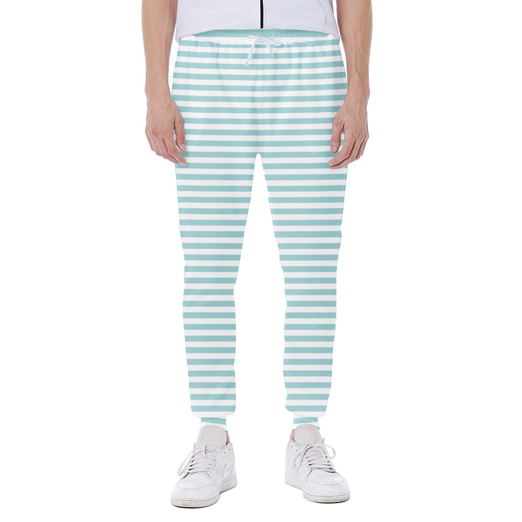 White And Cyan Striped Pattern Print Scuba Joggers