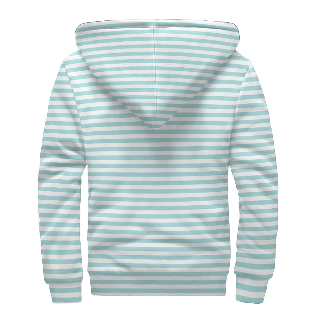 White And Cyan Striped Pattern Print Sherpa Lined Zip Up Hoodie