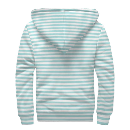 White And Cyan Striped Pattern Print Sherpa Lined Zip Up Hoodie