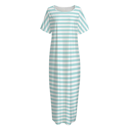White And Cyan Striped Pattern Print Short Sleeve Long Nightdress