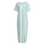 White And Cyan Striped Pattern Print Short Sleeve Long Nightdress