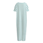 White And Cyan Striped Pattern Print Short Sleeve Long Nightdress
