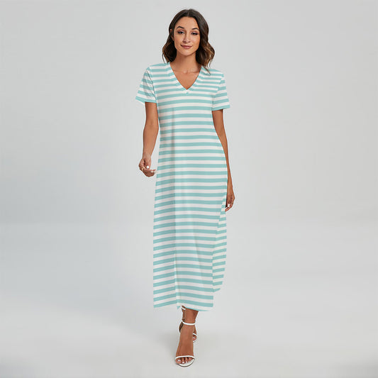 White And Cyan Striped Pattern Print Short Sleeve Maxi Dress