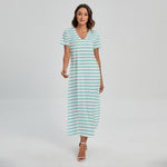 White And Cyan Striped Pattern Print Short Sleeve Maxi Dress