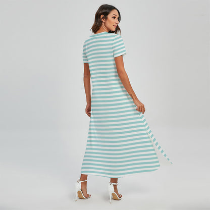 White And Cyan Striped Pattern Print Short Sleeve Maxi Dress