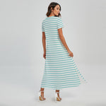 White And Cyan Striped Pattern Print Short Sleeve Maxi Dress
