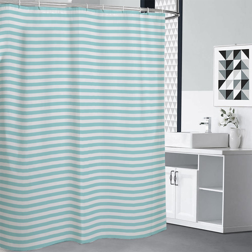 White And Cyan Striped Pattern Print Shower Curtain