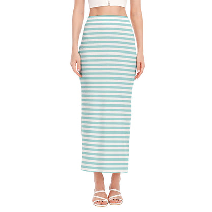 White And Cyan Striped Pattern Print Side Slit Maxi Skirt