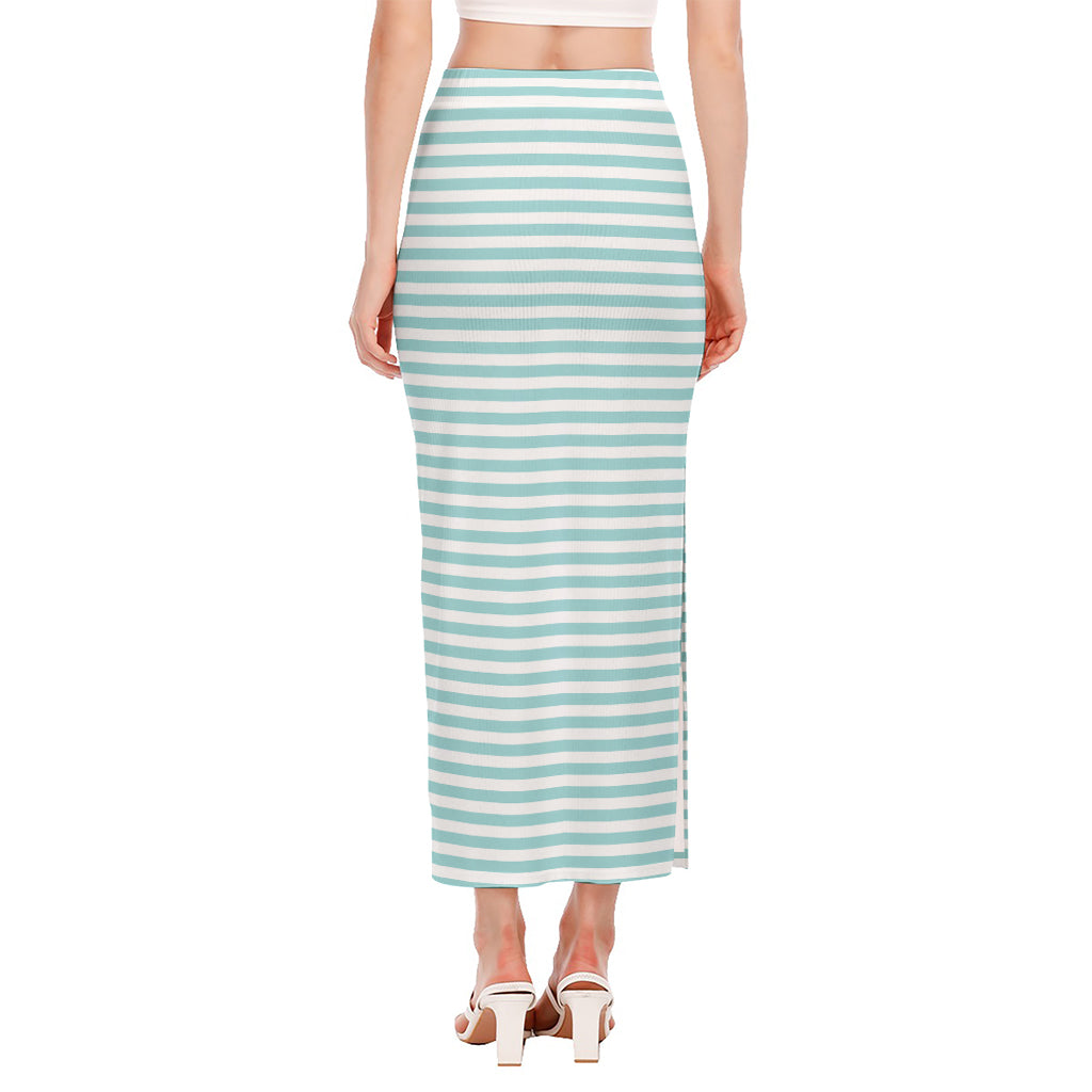 White And Cyan Striped Pattern Print Side Slit Maxi Skirt