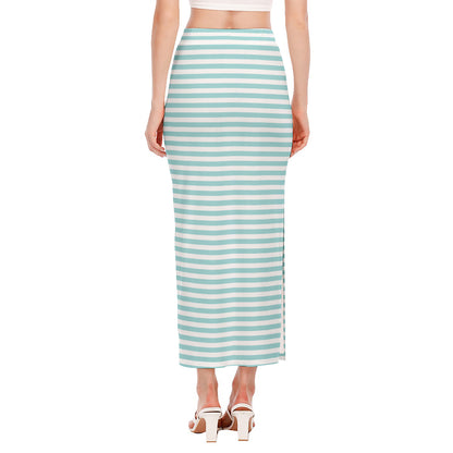 White And Cyan Striped Pattern Print Side Slit Maxi Skirt