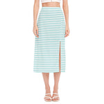 White And Cyan Striped Pattern Print Side Slit Midi Skirt