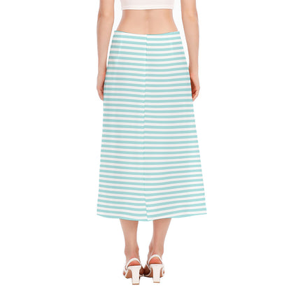 White And Cyan Striped Pattern Print Side Slit Midi Skirt