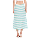 White And Cyan Striped Pattern Print Side Slit Midi Skirt
