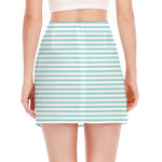 White And Cyan Striped Pattern Print Side Slit Mini Skirt