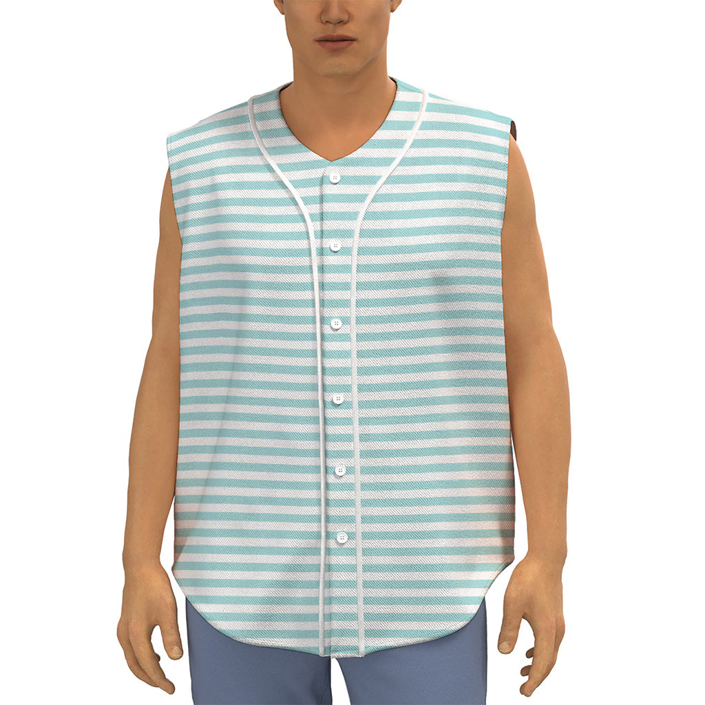 White And Cyan Striped Pattern Print Sleeveless Baseball Jersey